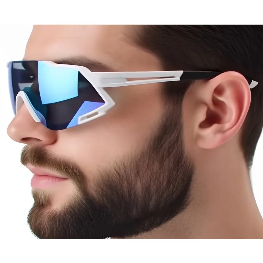 Men's Sport Sunglasses White Frame Blue Mirror Lens Cycling Cycling Eyewear 2026
